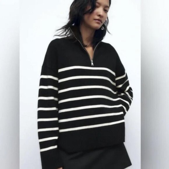 Zara Sweater Quarter Zip in Black and White Stripes size S - Picture 1 of 5